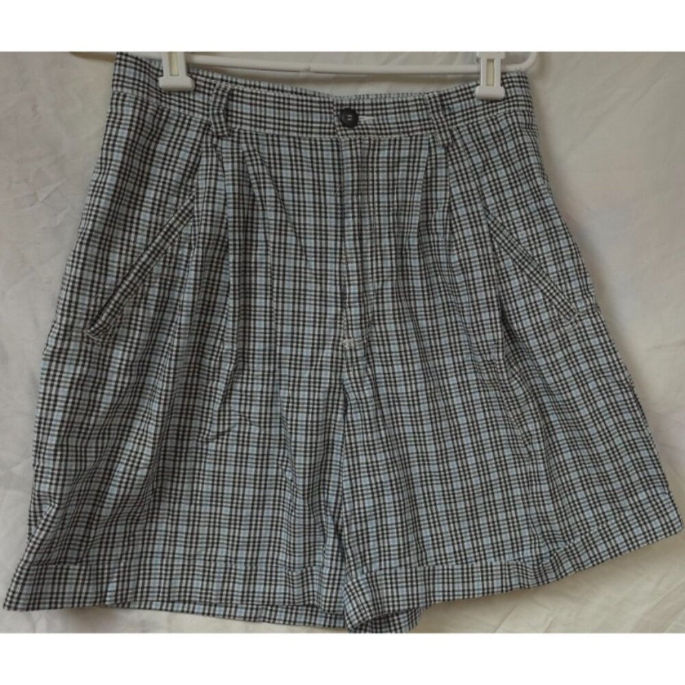 Vtg Liz Wear Womens 12 Blue Plaid Pleated High Waist Wide Leg Chino Shorts 28x7